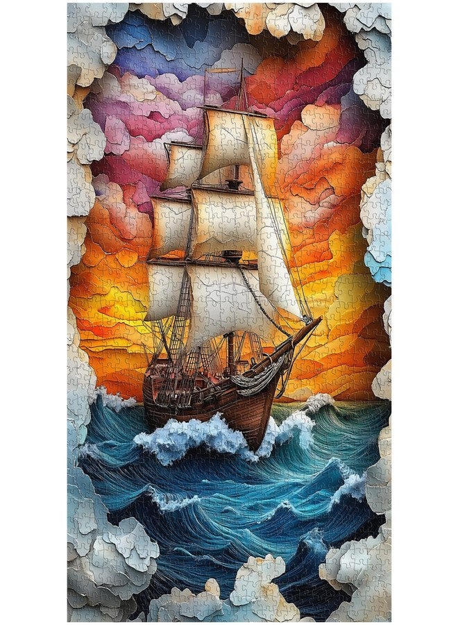PICKFORU Sailboat 1000 Piece Puzzle for Adults, Colorful Sunset Sea Jigsaw Puzzles Boat, Gradient Ocean Stone Carving Theme Puzzle - Image 1